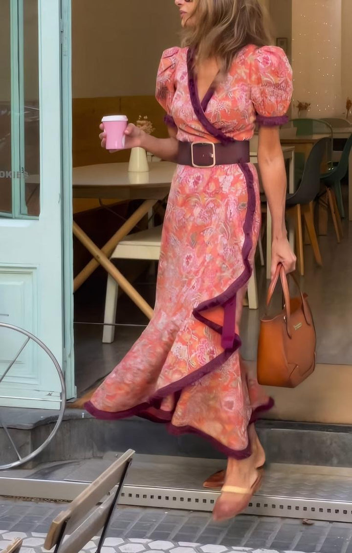 Eliett - Vestido Longo com Mangas curtas Bufantes e Saia Assimétrica