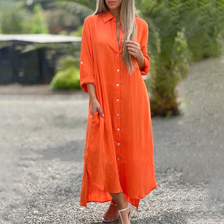 Alaina - Vestido Casual Em Linho Com Botões à Frente