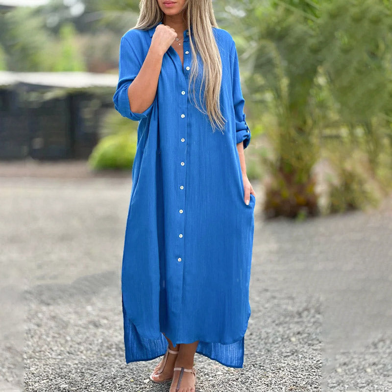 Alaina - Vestido Casual Em Linho Com Botões à Frente