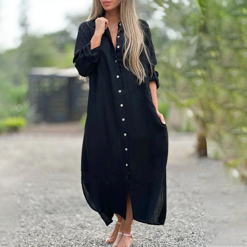 Alaina - Vestido Casual Em Linho Com Botões à Frente
