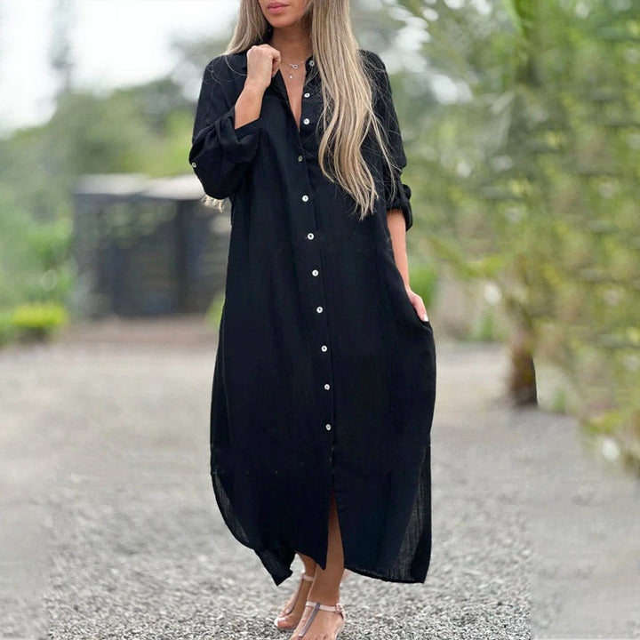 Alaina - Vestido Casual Em Linho Com Botões à Frente