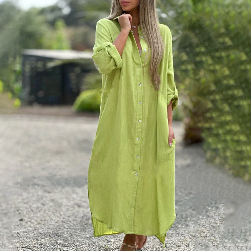 Alaina - Vestido Casual Em Linho Com Botões à Frente