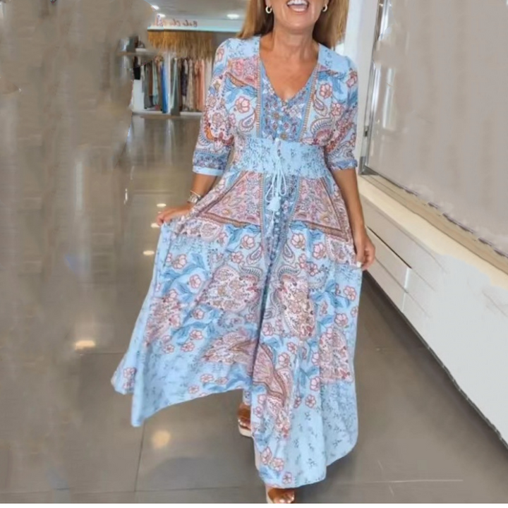 Aliye - Vestido Longo Elegante Com Cordão Floral