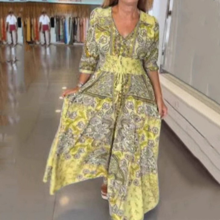 Aliye - Vestido Longo Elegante Com Cordão Floral