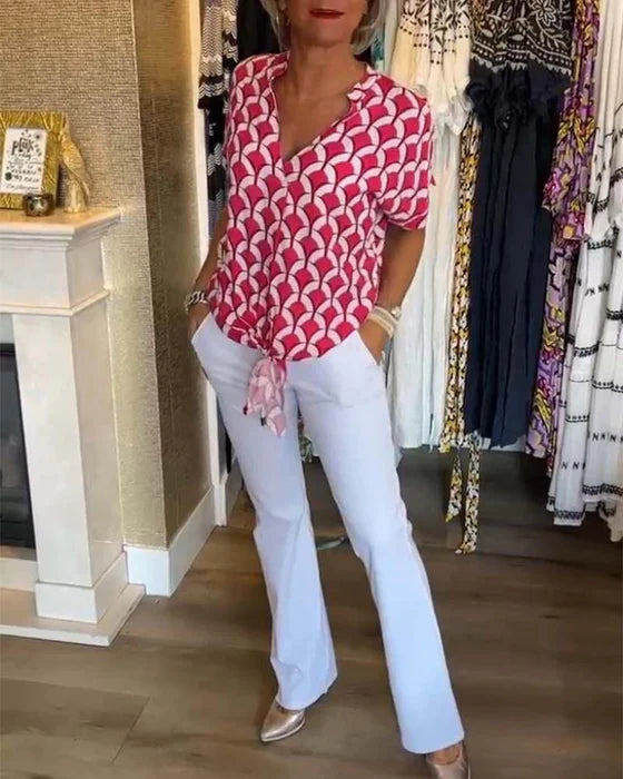 Emilya - Top Casual Com Decote em V e Estampa