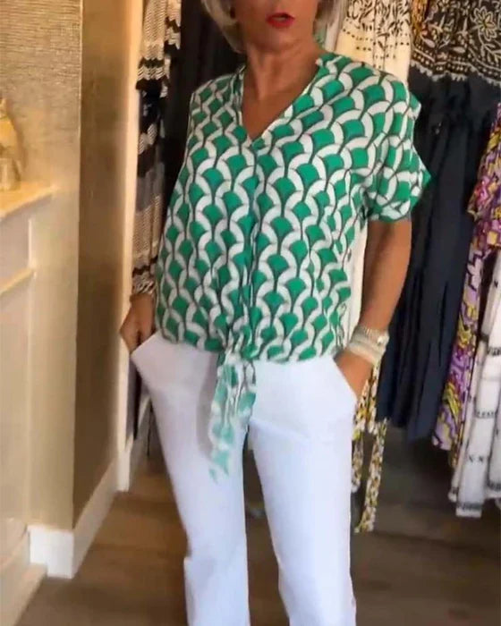 Emilya - Top Casual Com Decote em V e Estampa
