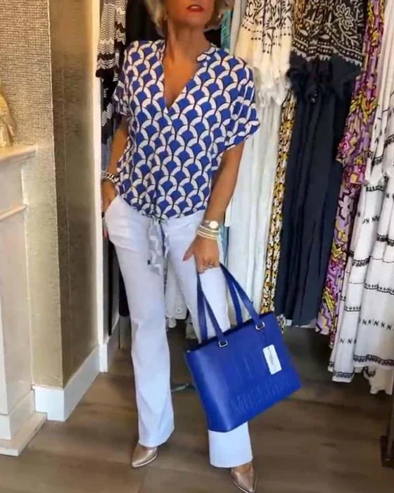 Emilya - Top Casual Com Decote em V e Estampa