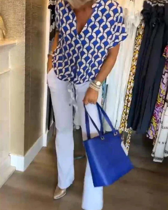 Emilya - Top Casual Com Decote em V e Estampa