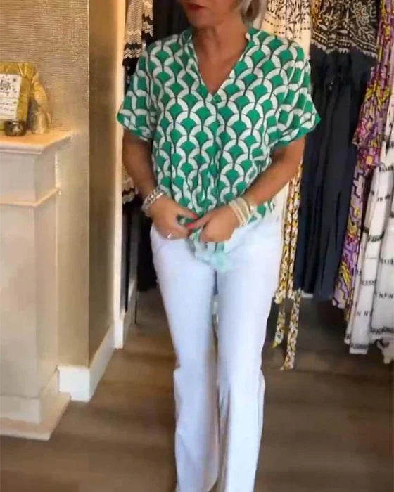 Emilya - Top Casual Com Decote em V e Estampa