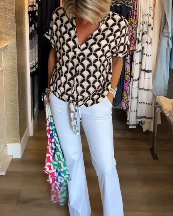 Emilya - Top Casual Com Decote em V e Estampa