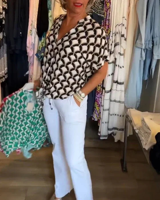 Emilya - Top Casual Com Decote em V e Estampa